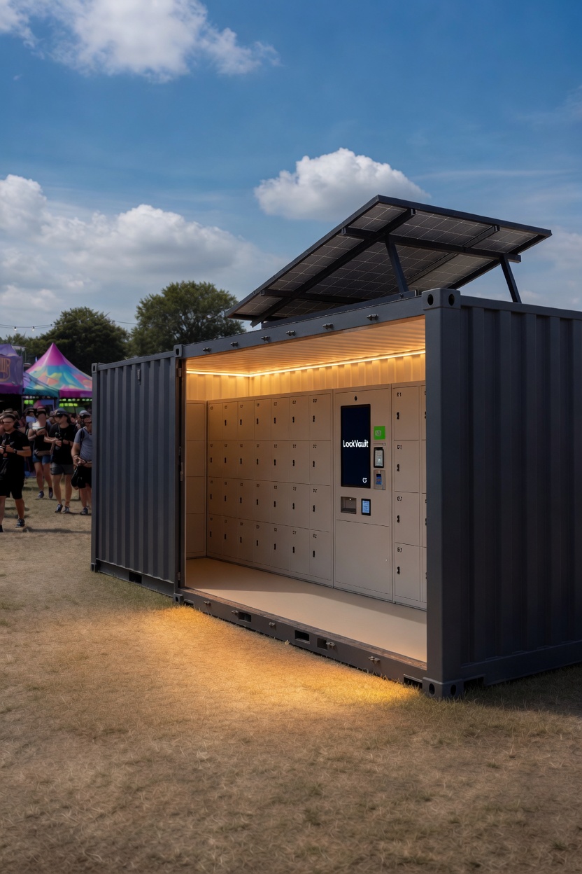 LockVault festival container lockers deployed at a UK festival at night